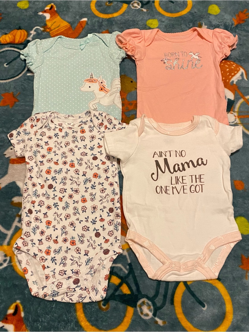 Baby Girl Onesies Lot of Four 0-3M Unicorn Floral Pastel Theme